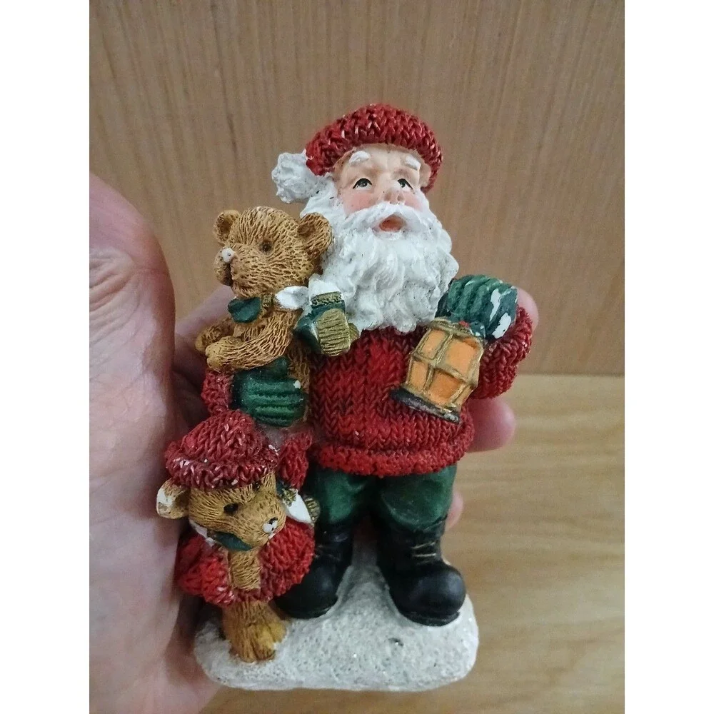 Santa Claus Christmas Figurine Holding Teddy Bear & Lantern Holiday Decoration